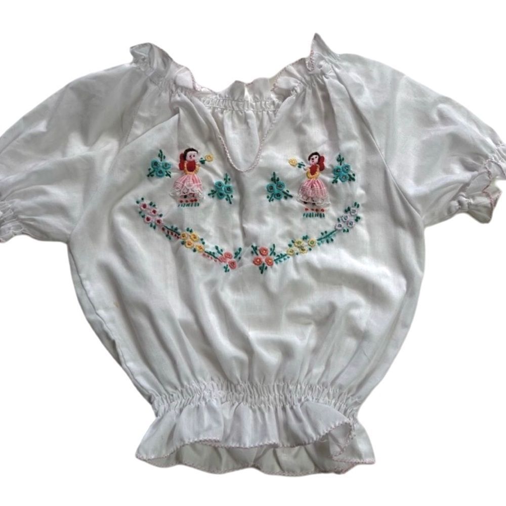 Boho Hand Embroidered Girl’s Pleated Puff Peasant Blouse